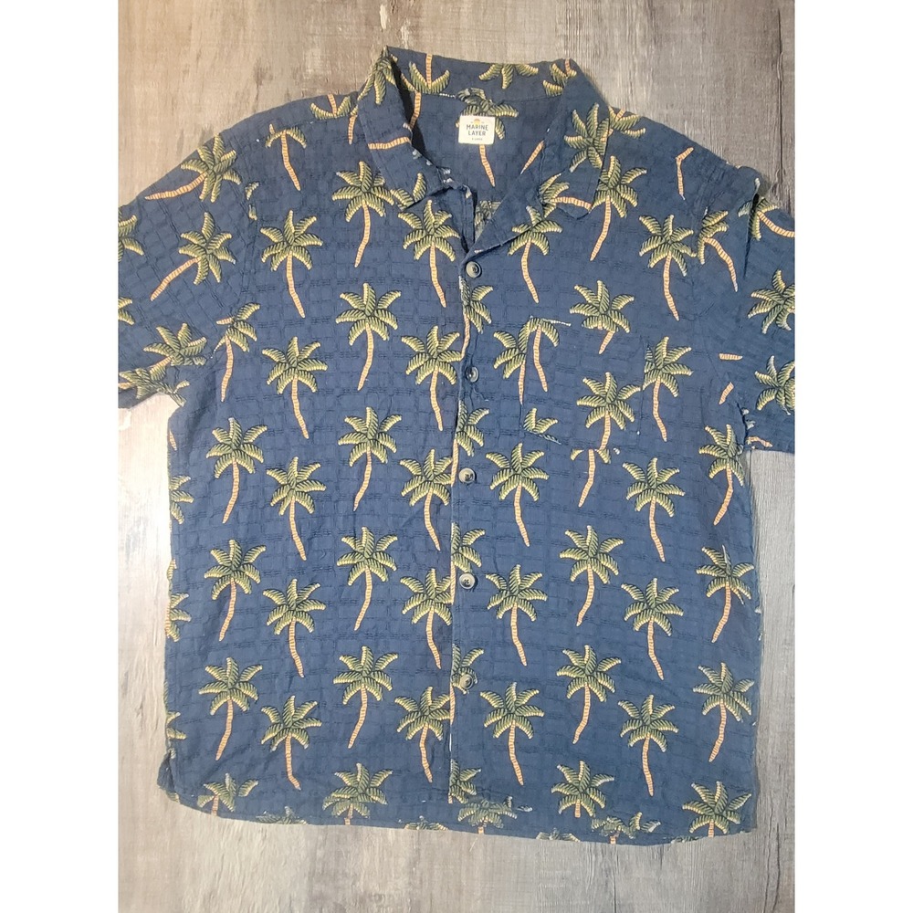 Marine Layer Mens XL Navy Blue Palm Tree Short Sleeve Button Down